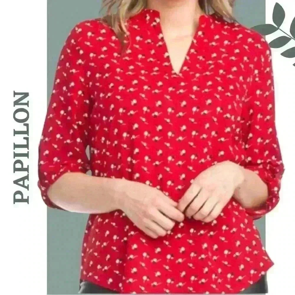 Papillon Red Blouse Spit V Neck Top Red Black White